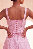 A-lijn Dusty Salie vierkante hals Jacquard bloemenkant Achter Homecoming Jurk met strik