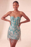 Lake Blue Sweetheart korset Jacquard Veter Thuis Thuis Jurk met franjes