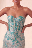 Lake Blue Sweetheart korset Jacquard Veter Thuis Thuis Jurk met franjes