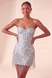 Lake Blue Sweetheart korset Jacquard Veter Thuis Thuis Jurk met franjes