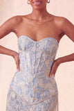 Lake Blue Sweetheart korset Jacquard Veter Thuis Thuis Jurk met franjes