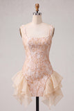 Champagne Jacquard vierkante hals met veter achter, strakke homecomingjurk met ruches