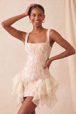 Champagne Jacquard vierkante hals met veter achter, strakke homecomingjurk met ruches