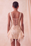 Champagne Jacquard vierkante hals met veter achter, strakke homecomingjurk met ruches