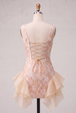 Champagne Jacquard vierkante hals met veter achter, strakke homecomingjurk met ruches