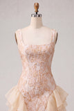 Champagne Jacquard vierkante hals met veter achter, strakke homecomingjurk met ruches