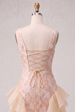 Champagne Jacquard vierkante hals met veter achter, strakke homecomingjurk met ruches