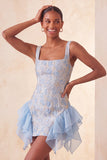 Champagne Jacquard vierkante hals met veter achter, strakke homecomingjurk met ruches
