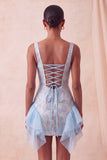 Champagne Jacquard vierkante hals met veter achter, strakke homecomingjurk met ruches