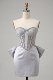 Zilveren sweetheart korset met veter op de rug bodycon homecomingjurk met strik
