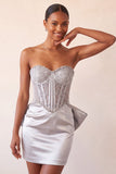 Zilveren sweetheart korset met veter op de rug bodycon homecomingjurk met strik