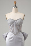 Zilveren sweetheart korset met veter op de rug bodycon homecomingjurk met strik