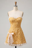 Sweetheart gele Jacquard A-lijn gerimpelde kant Achterjurk met split
