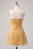 Sweetheart gele Jacquard A-lijn gerimpelde kant Achterjurk met split
