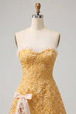 Sweetheart gele Jacquard A-lijn gerimpelde kant Achterjurk met split