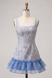 Blauw korset vierkante hals met veter op de rug Jacquard Bodycon Homecoming jurk met ruches