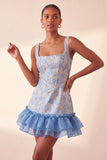 Blauw korset vierkante hals met veter op de rug Jacquard Bodycon Homecoming jurk met ruches