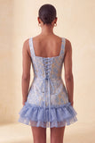 Blauw korset vierkante hals met veter op de rug Jacquard Bodycon Homecoming jurk met ruches