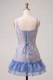 Blauw korset vierkante hals met veter op de rug Jacquard Bodycon Homecoming jurk met ruches