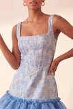 Blauw korset vierkante hals met veter op de rug Jacquard Bodycon Homecoming jurk met ruches