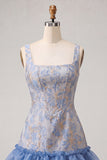 Blauw korset vierkante hals met veter op de rug Jacquard Bodycon Homecoming jurk met ruches