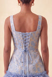 Blauw korset vierkante hals met veter op de rug Jacquard Bodycon Homecoming jurk met ruches