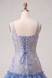 Blauw korset vierkante hals met veter op de rug Jacquard Bodycon Homecoming jurk met ruches