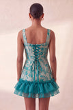 Blauw korset vierkante hals met veter op de rug Jacquard Bodycon Homecoming jurk met ruches