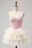 Roze Sweetheart A-lijn korset Jacquard Veter Achterste Laaggelaagde Homecoming Jurk