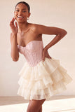 Roze Sweetheart A-lijn korset Jacquard Veter Achterste Laaggelaagde Homecoming Jurk