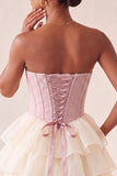 Roze Sweetheart A-lijn korset Jacquard Veter Achterste Laaggelaagde Homecoming Jurk