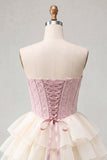 Roze Sweetheart A-lijn korset Jacquard Veter Achterste Laaggelaagde Homecoming Jurk