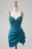 Bodycon Basque taille korset Lake Blue gerimpelde homecomingjurk met ruches