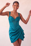 Bodycon Basque taille korset Lake Blue gerimpelde homecomingjurk met ruches