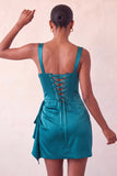 Bodycon Basque taille korset Lake Blue gerimpelde homecomingjurk met ruches
