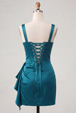 Bodycon Basque taille korset Lake Blue gerimpelde homecomingjurk met ruches