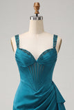 Bodycon Basque taille korset Lake Blue gerimpelde homecomingjurk met ruches