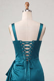 Bodycon Basque taille korset Lake Blue gerimpelde homecomingjurk met ruches
