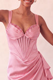 Bodycon Basque taille korset Lake Blue gerimpelde homecomingjurk met ruches