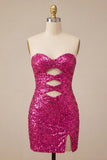 Sweetheart Fuchsia Keyhole Bodycon Glinsterende pailletten Homecoming-jurk met split