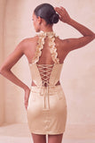 Halter korset Bodycon Mint Green gerimpelde korte homecomingjurk met split