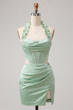 Halter korset Bodycon Mint Green gerimpelde korte homecomingjurk met split