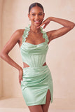 Halter korset Bodycon Mint Green gerimpelde korte homecomingjurk met split