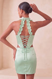 Halter korset Bodycon Mint Green gerimpelde korte homecomingjurk met split