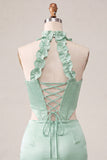 Halter korset Bodycon Mint Green gerimpelde korte homecomingjurk met split