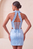 Halter korset Bodycon Mint Green gerimpelde korte homecomingjurk met split