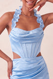 Halter korset Bodycon Mint Green gerimpelde korte homecomingjurk met split