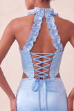 Halter korset Bodycon Mint Green gerimpelde korte homecomingjurk met split