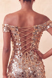 Sprankelende Champagne Off The Shoulder Bodycon Homecoming Jurk met pailletten