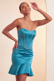 Strapless bodycon Lake Blue kralenbezette korte homecomingjurk met ruches